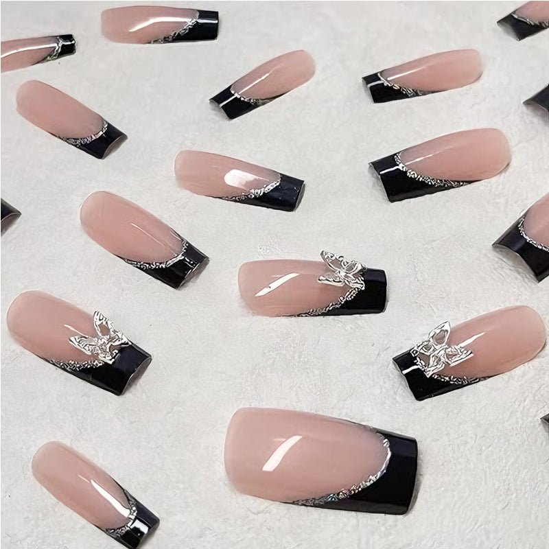 24 PCS Black P Ink Butterfly Nail Art, Long Length Long Water Pipe Fake Nails,Square Head Nail Tips False Nail — Prime Trend Market