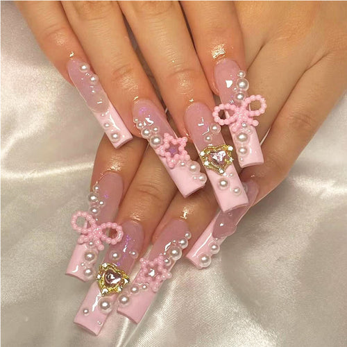 Bow Nail Art Press-On Nails – 24 PCS Long Square Head Shape | Cute Y2K Ribbon Design — Prime Trend Market