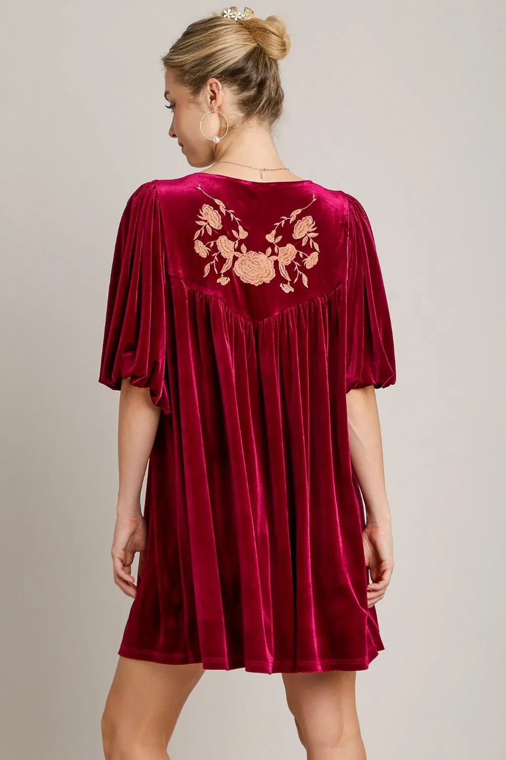 Umgee Burgundy Embroidered Velvet Mini Dress with Tassels