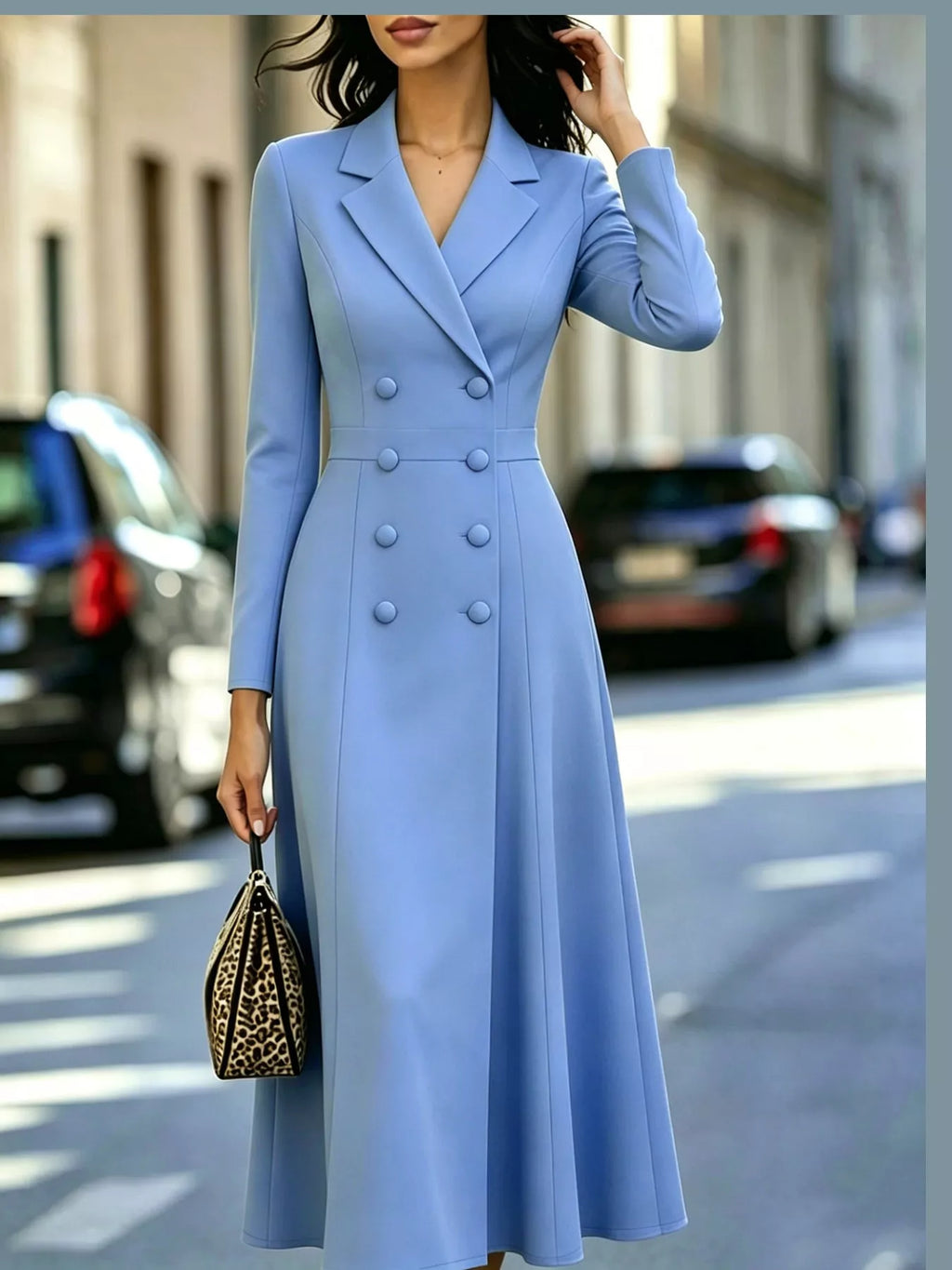 Double-Breasted Lapel-Collar Long-Sleeve Midi Dress