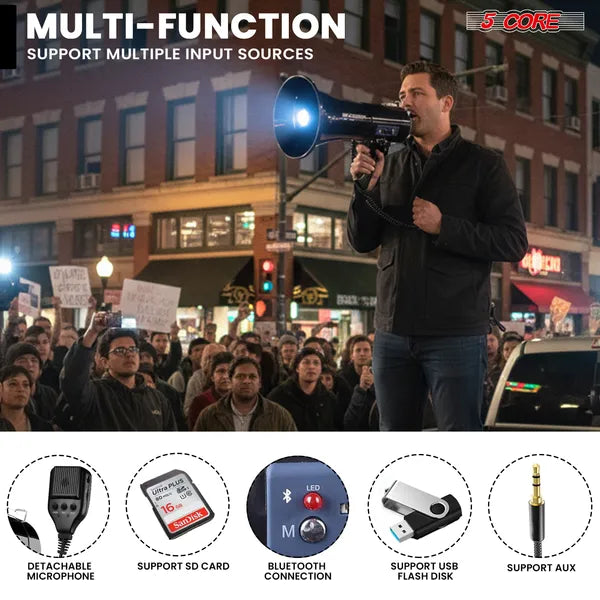 5 Core Megaphone 50W — Bluetooth Rechargeable Bullhorn with Siren, 1100 Yard Range — Prime Trend Market