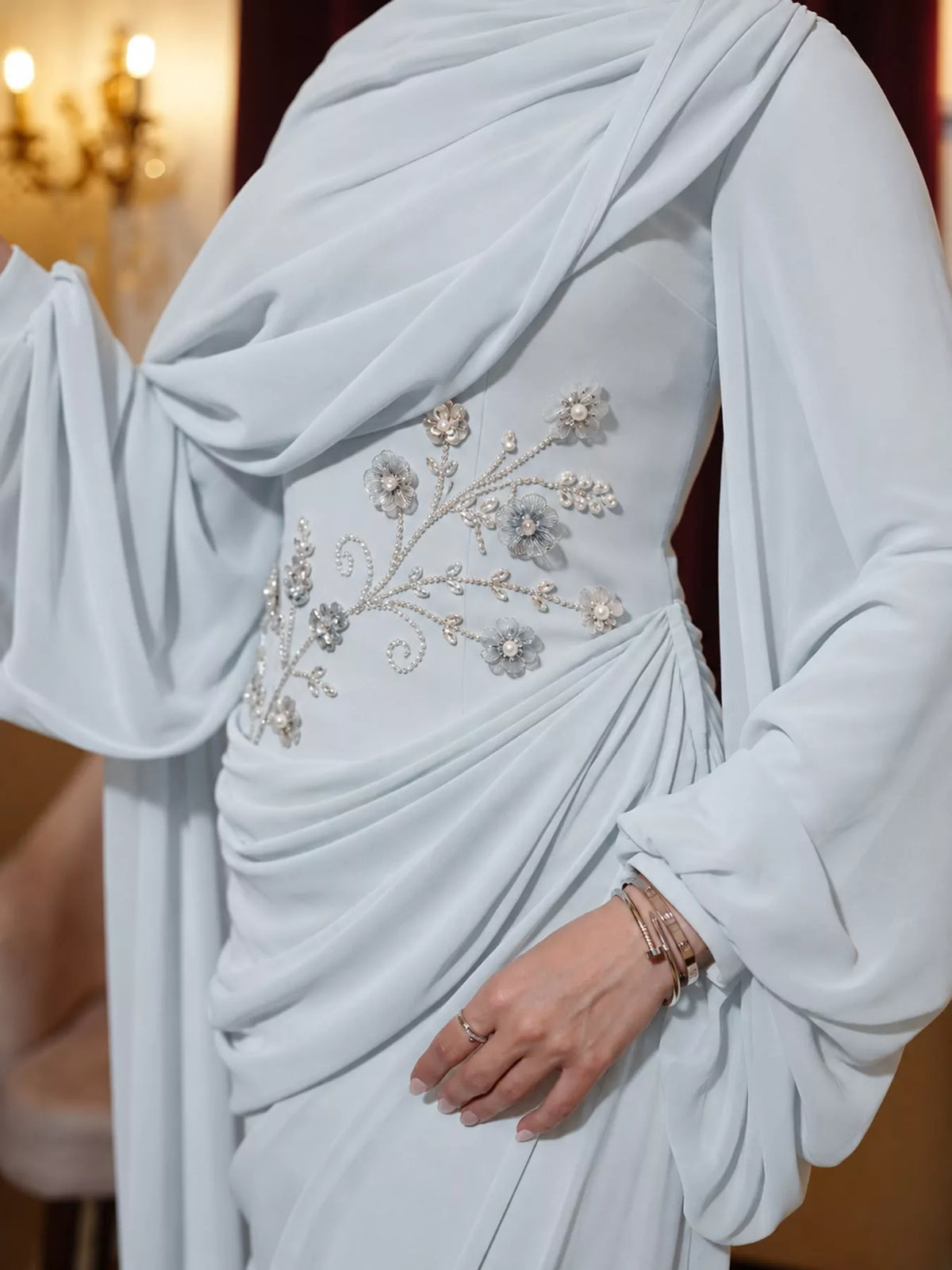Floral-Embellished Long-Sleeve Ruched Evening Maxi Dress | S–3XL