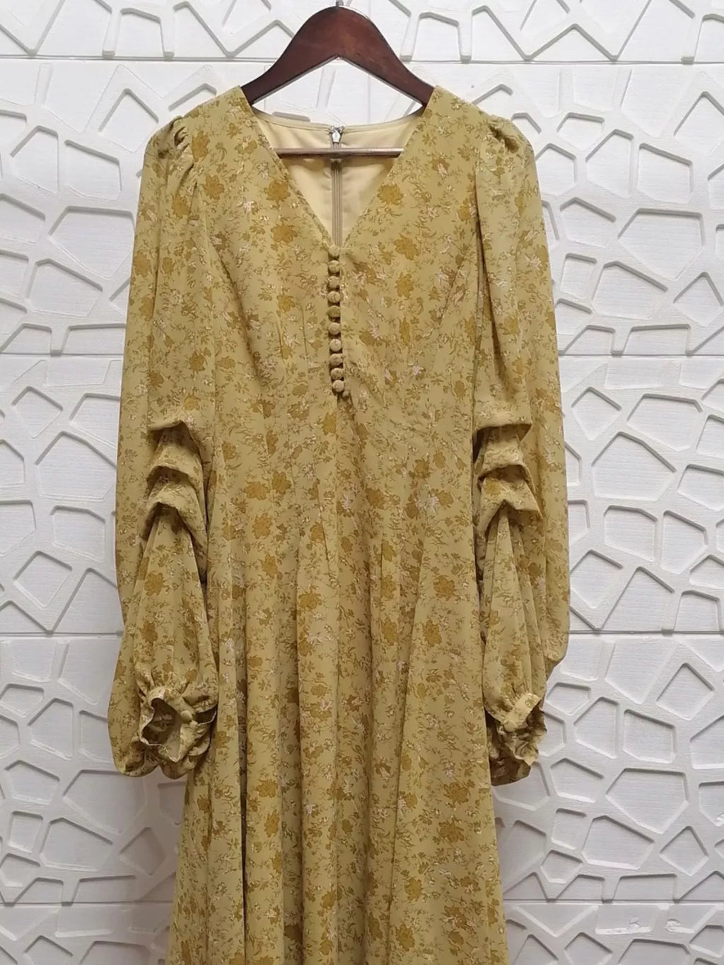 Yellow Floral V-Neck Long-Sleeve Midi Dress