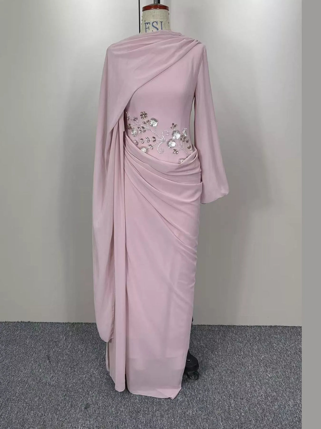 Floral-Embellished Long-Sleeve Ruched Evening Maxi Dress | S–3XL