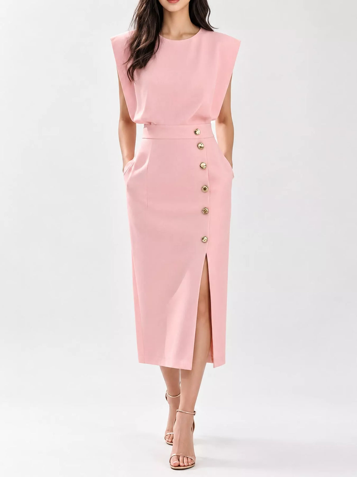 Sleeveless Gold-Tone Button-Detail Midi Dress
