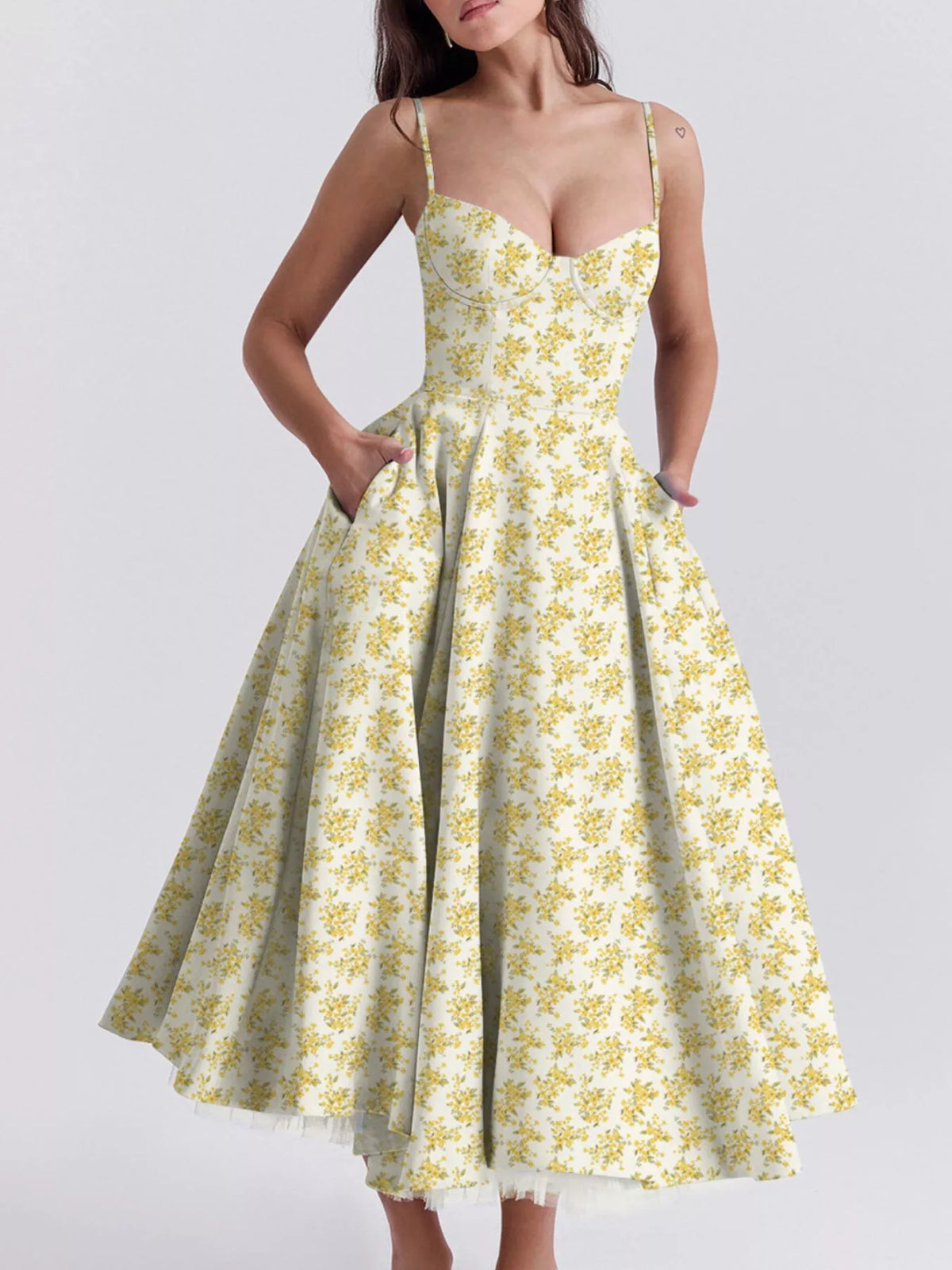 Sweetheart-Neck Pocketed A-Line Midi Dress