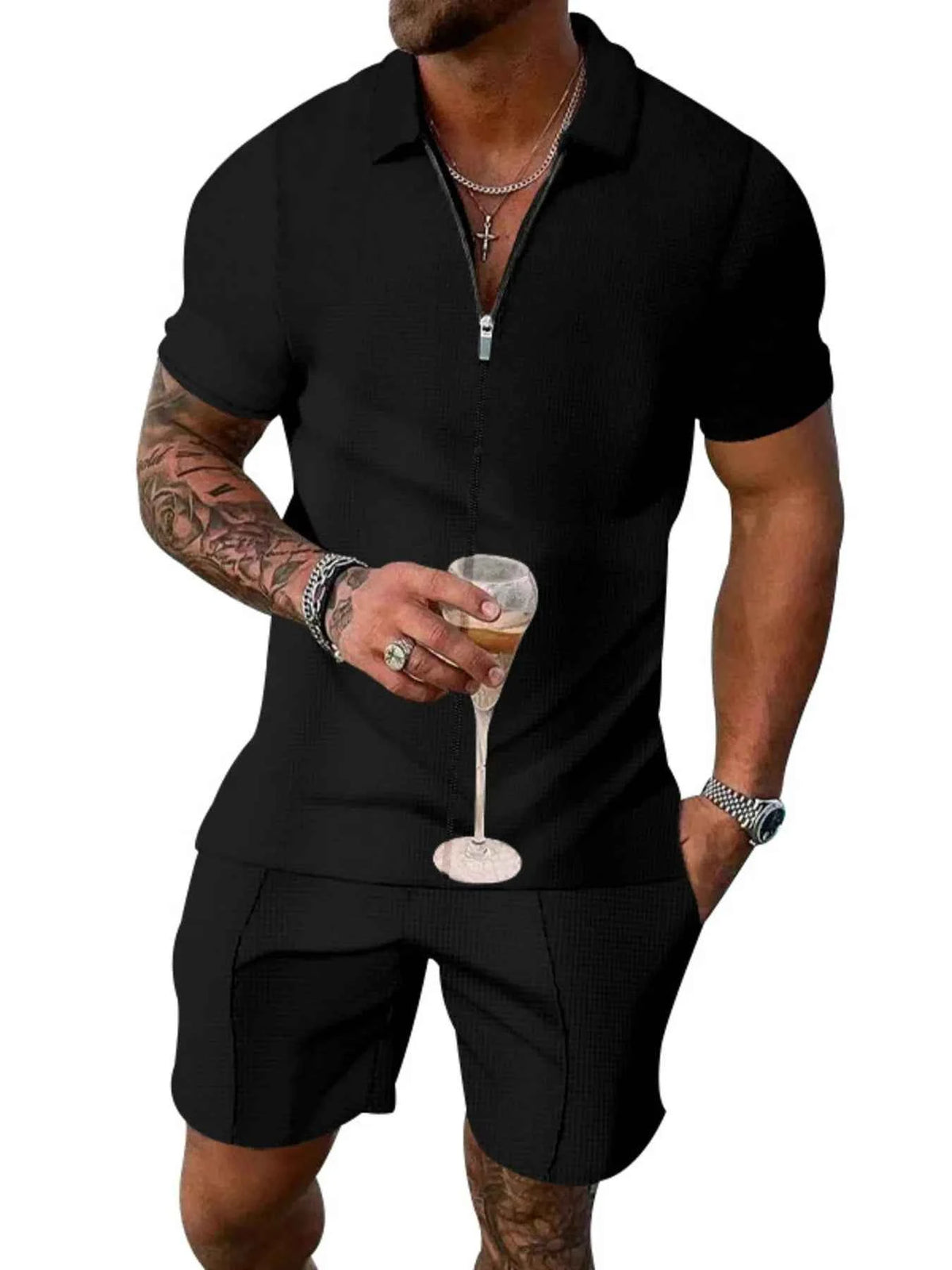 Men’s Zip-Front Short-Sleeve Top & Shorts Set