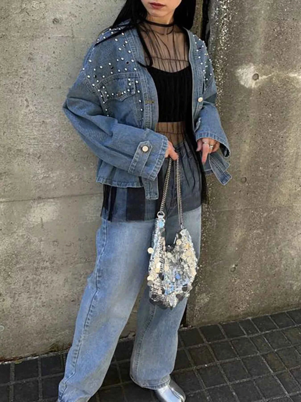 Studded Button-Up Denim-Look Jacket