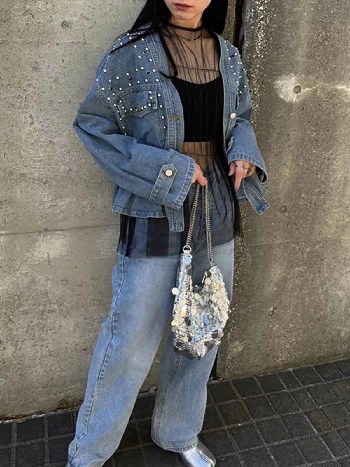 Studded Button-Up Denim-Look Jacket