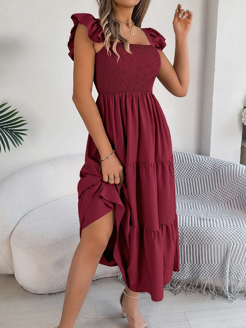 Smocked Square-Neck Cap-Sleeve Midi Dress