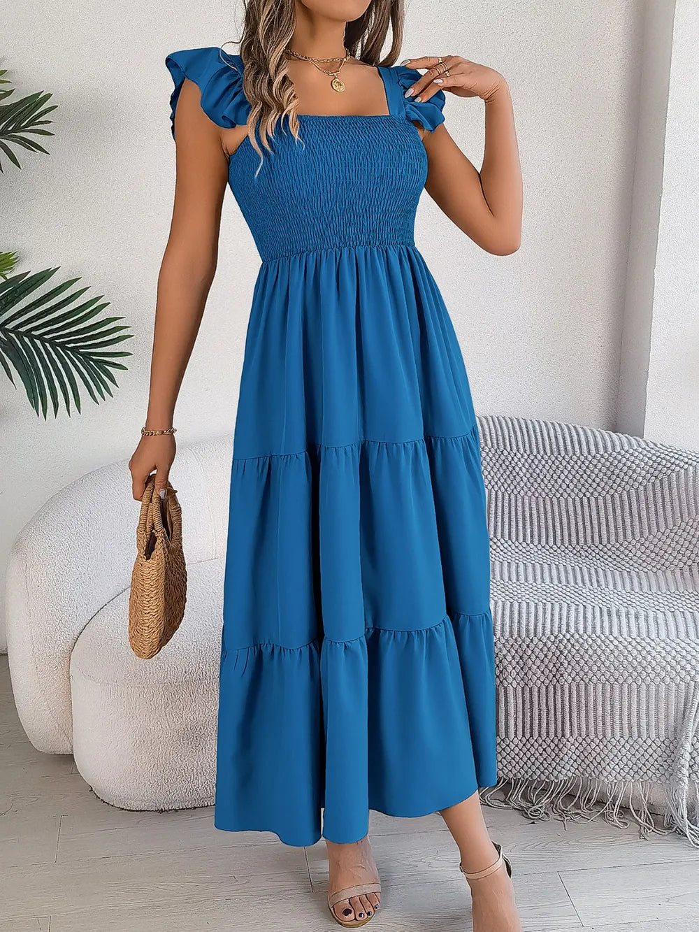 Smocked Square-Neck Cap-Sleeve Midi Dress