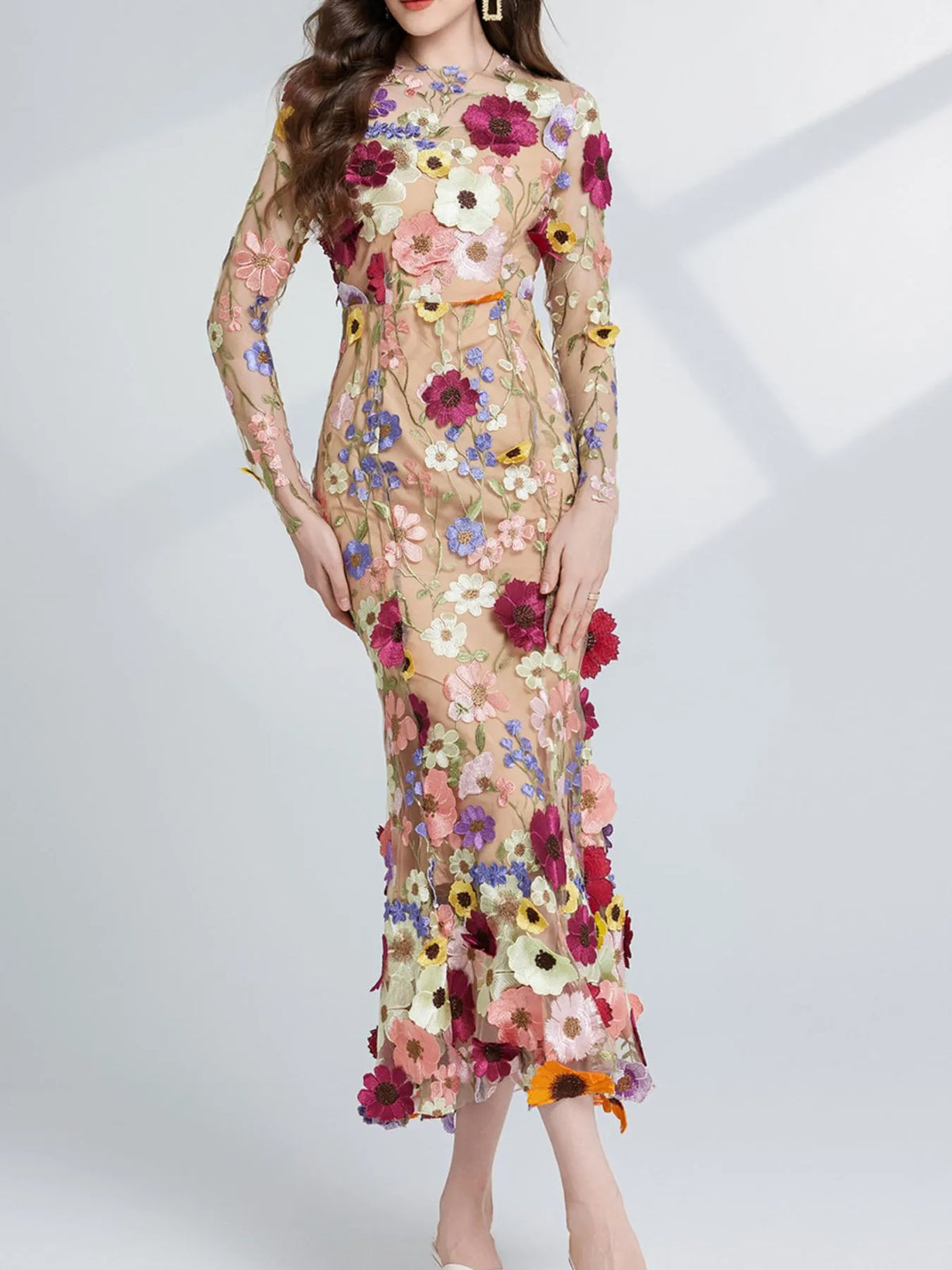 Floral-Embroidered Mesh Long-Sleeve Midi Dress