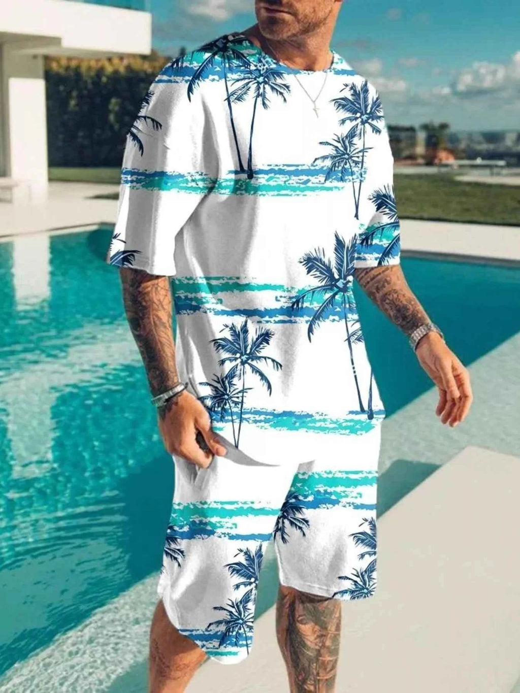 Men’s Palm-Tree Print Top & Shorts Set