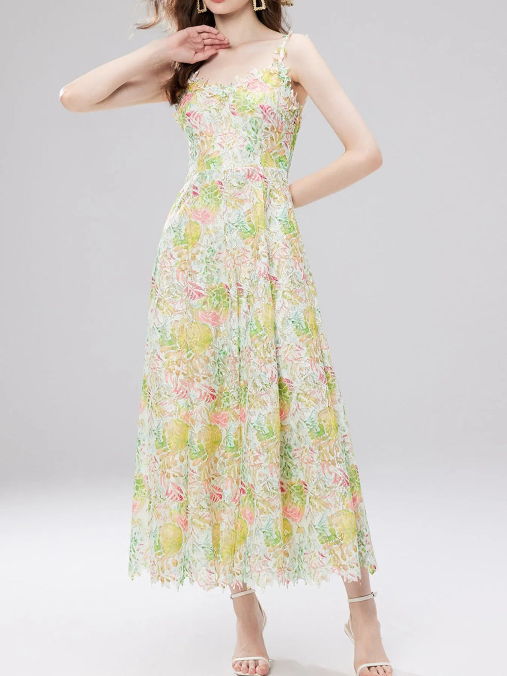 Floral Lace Sleeveless V-Neck Midi Dress