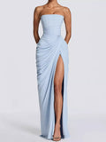 Strapless Ruched High-Slit Evening Dress