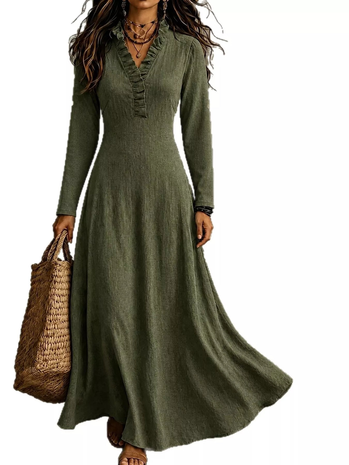 Frill V-Neck Roll-Tab Sleeve Maxi Dress, XS–3XL
