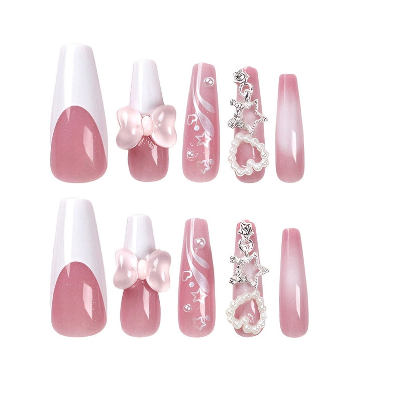 Bear Bow-Knot Press On Nails — 24 PCS Long Square Kawaii Fake Nails | Y2K Nail Art — Prime Trend Market