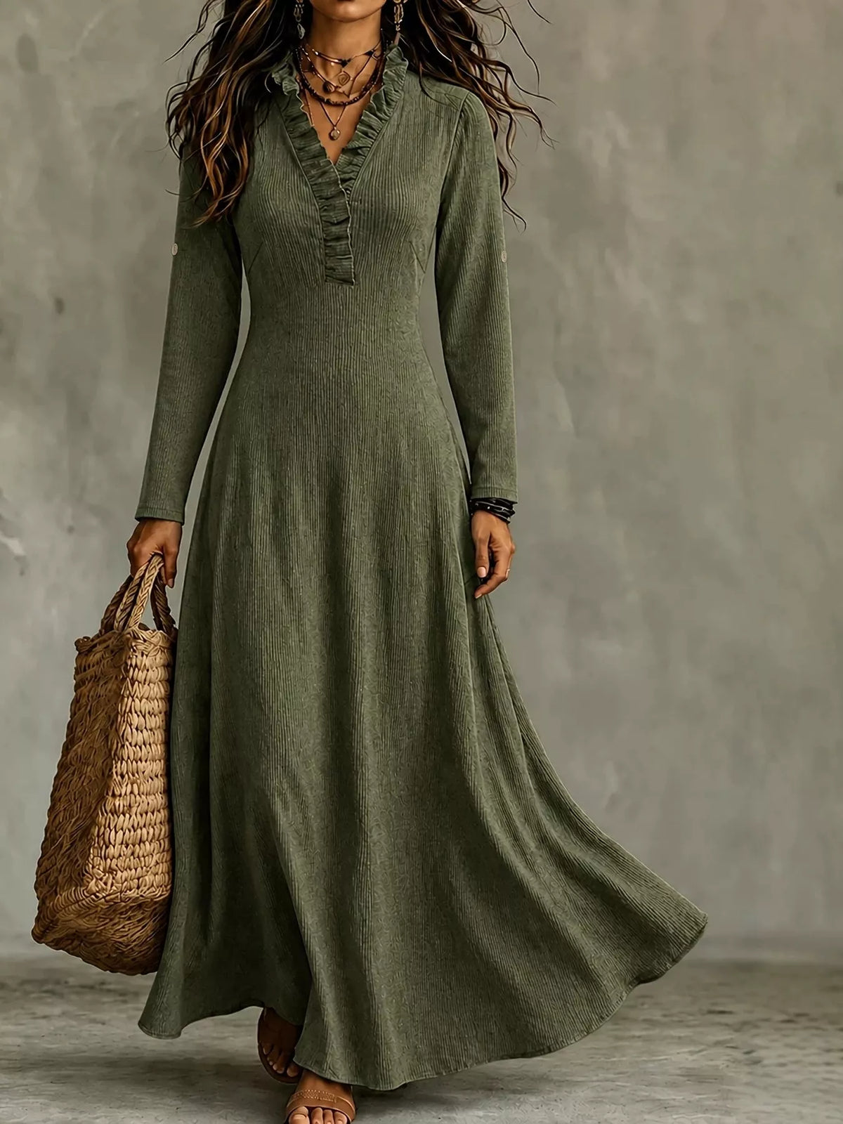 Frill V-Neck Roll-Tab Sleeve Maxi Dress, XS–3XL