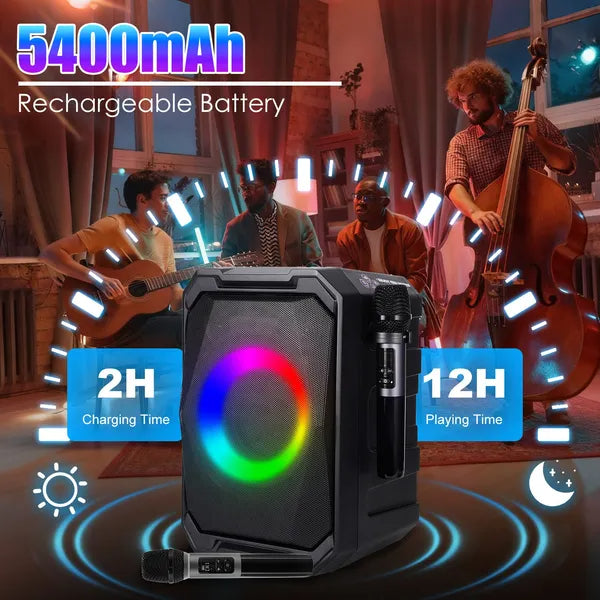 Portable Wireless Party Speaker | LED Light Show | 2 Wireless Mics | 80W Bass | Remote Control | TWS — Eliza & Tuan