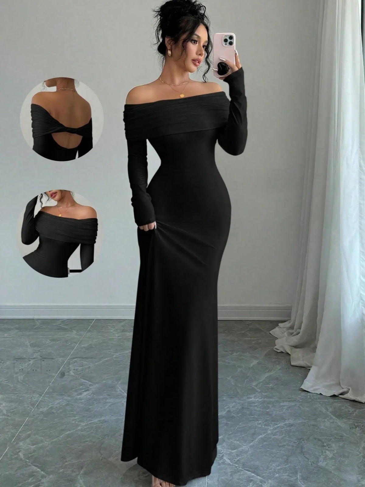 Off-Shoulder Twist-Back Long-Sleeve Bodycon Maxi Dress