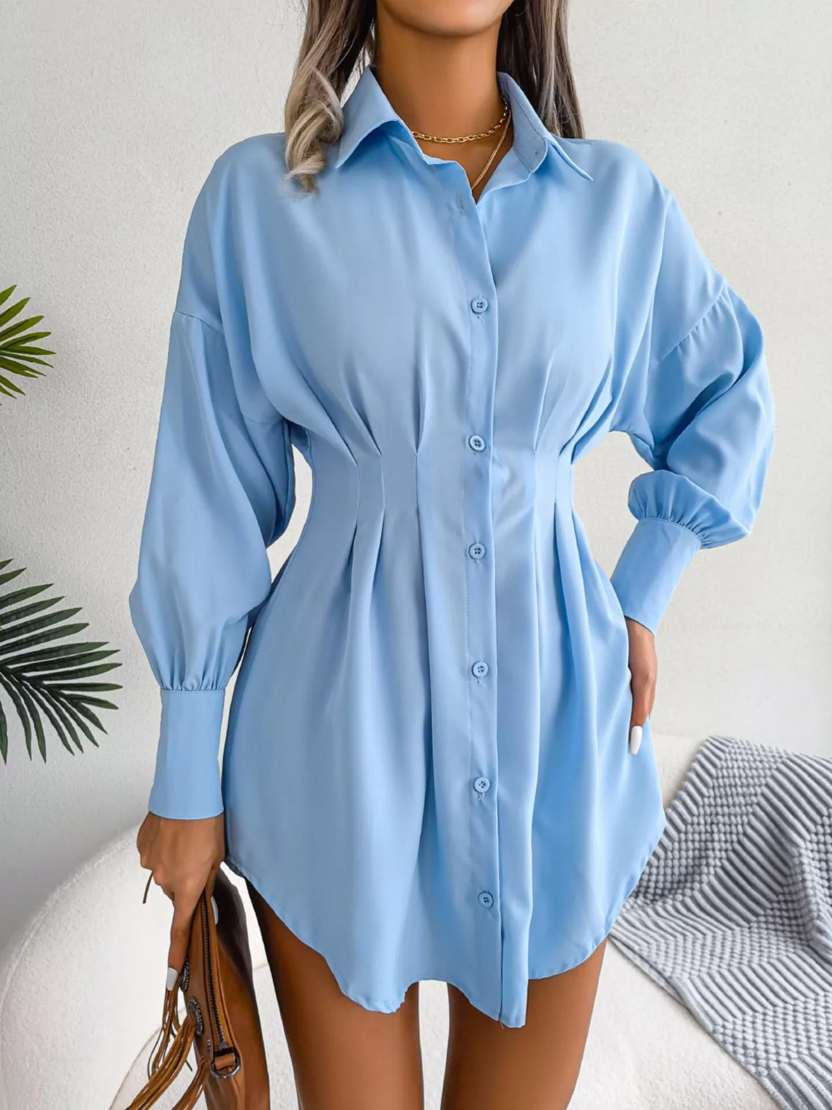 Button-Down Cinched-Waist Mini Shirt Dress
