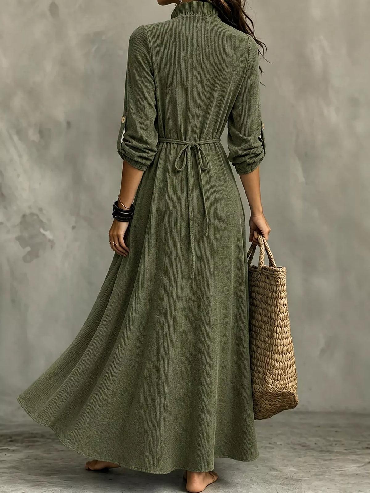 Frill V-Neck Roll-Tab Sleeve Maxi Dress, XS–3XL