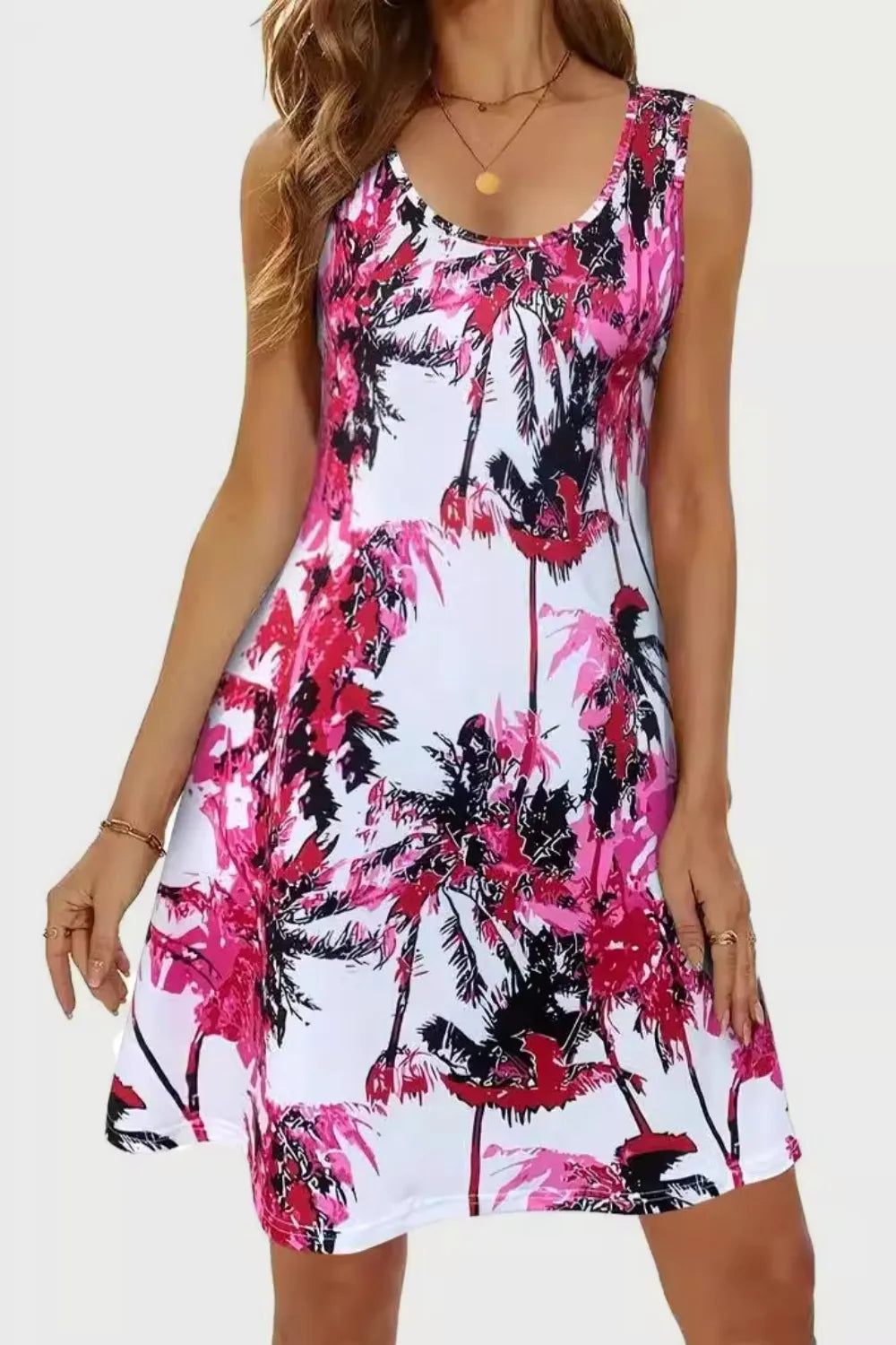 Printed Scoop-Neck Wide-Strap Mini Dress