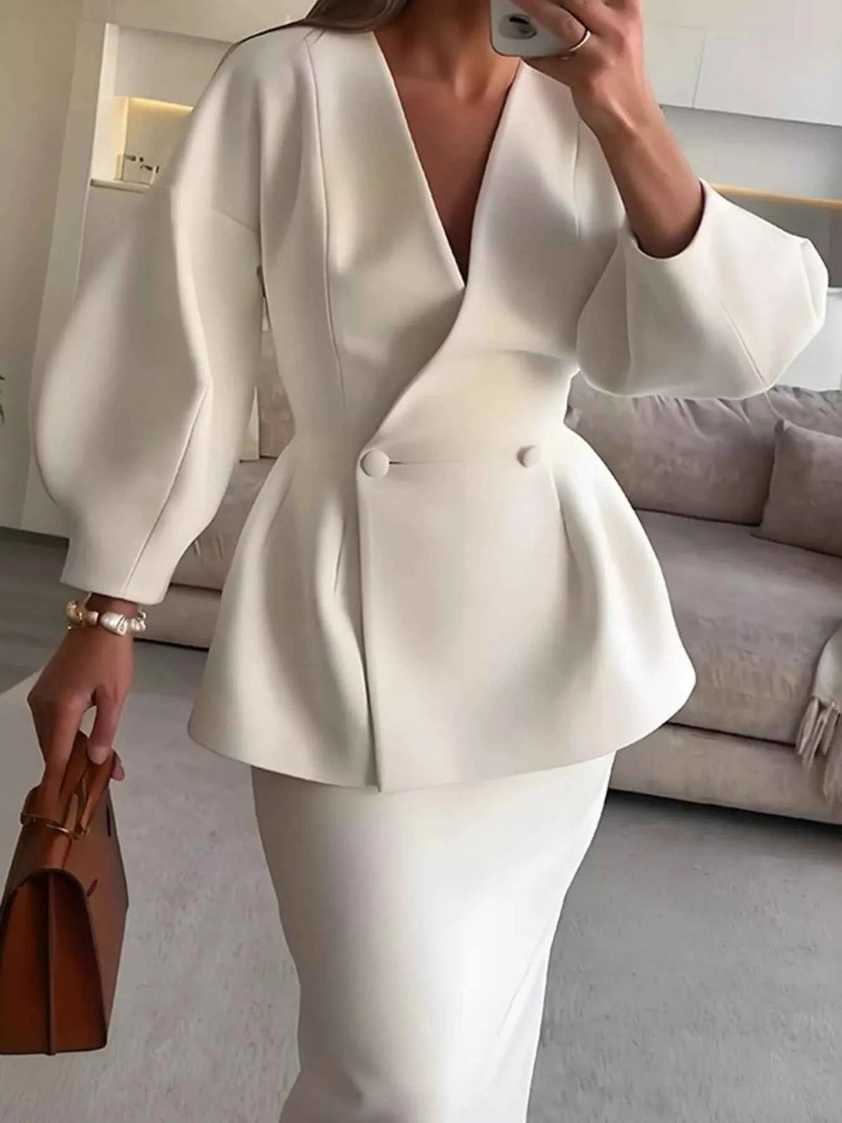 Milky White Peplum Blazer & Skirt Set