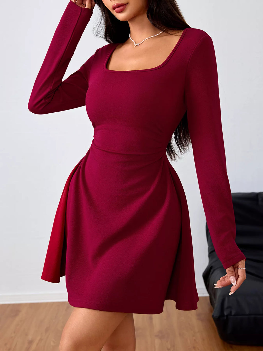 Square-Neck Ruched Long-Sleeve Mini Dress
