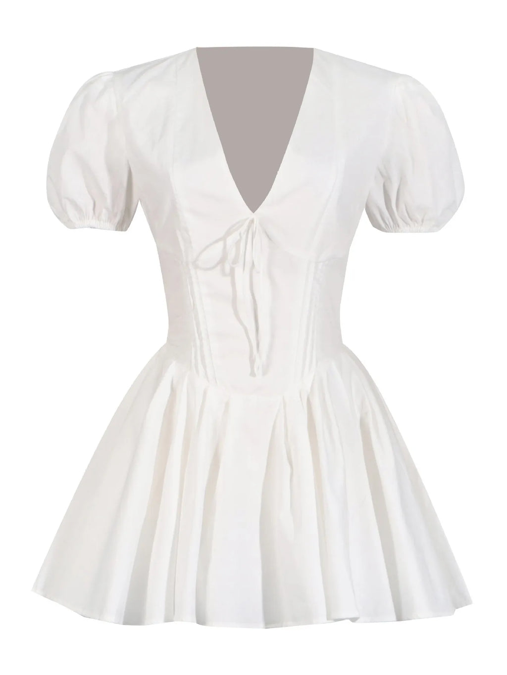 White Deep-V Puff-Sleeve Ruffle Mini Dress