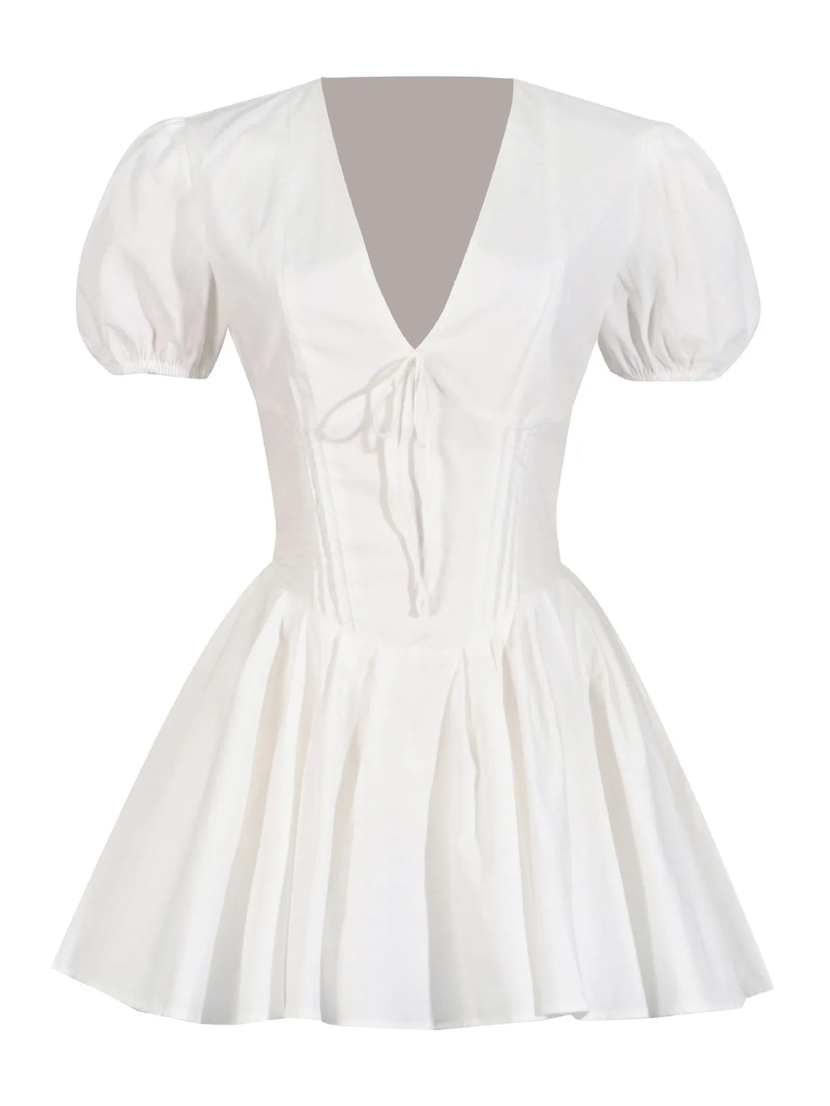 White Deep-V Puff-Sleeve Ruffle Mini Dress
