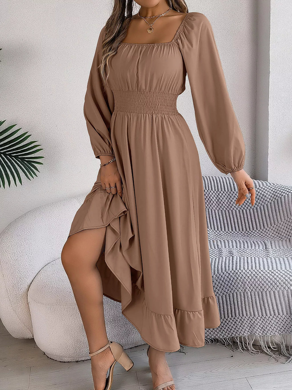 Square-Neck Smocked-Waist Long-Sleeve Midi Dress