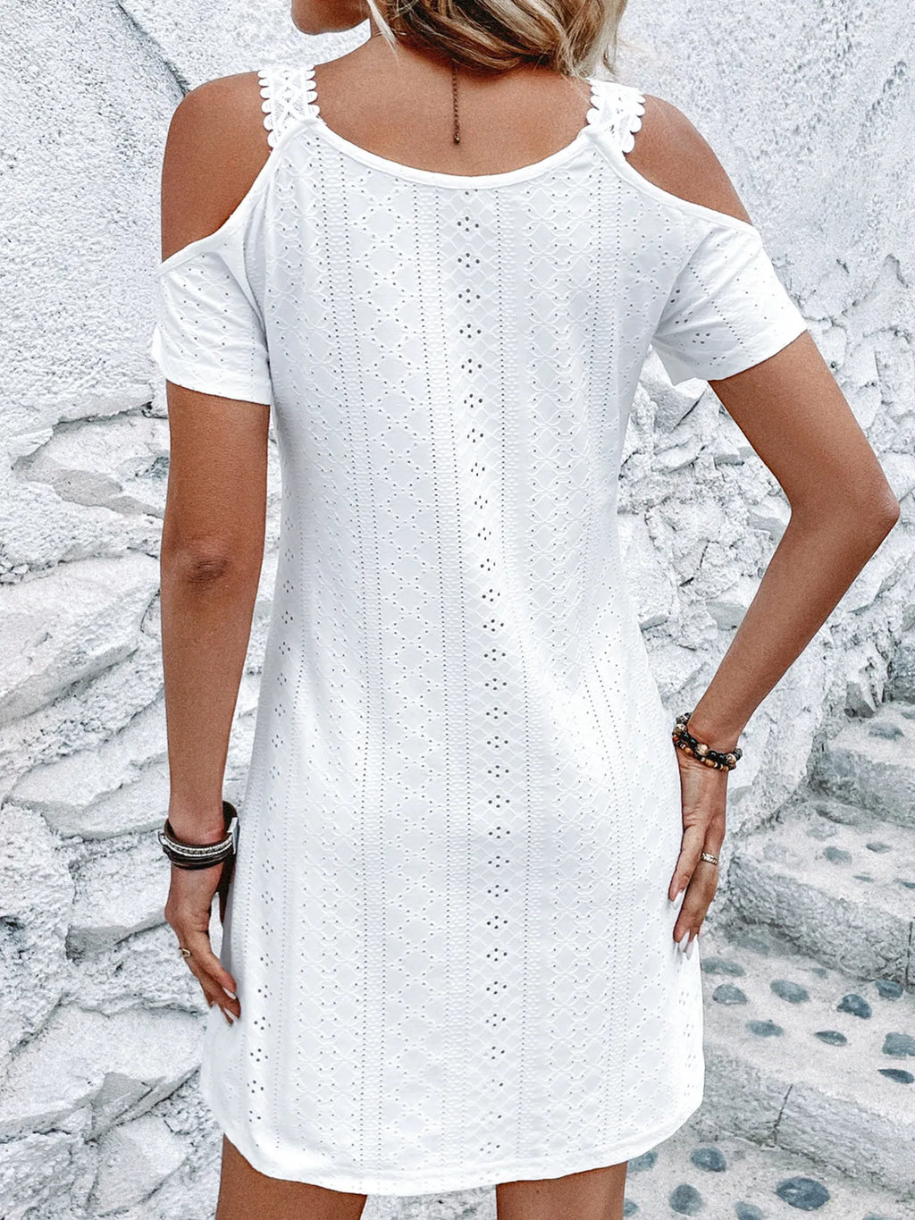 Cold-Shoulder V-Neck Eyelet Mini Dress