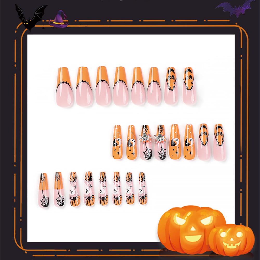 Halloween Press-On Nails – 24 PCS Pumpkin Bat Ghost Spider | Almond Ballerina, Reusable Acrylic — Prime Trend Market
