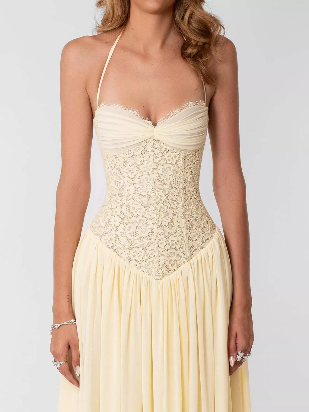 Lace Corset-Style Halter Maxi Dress