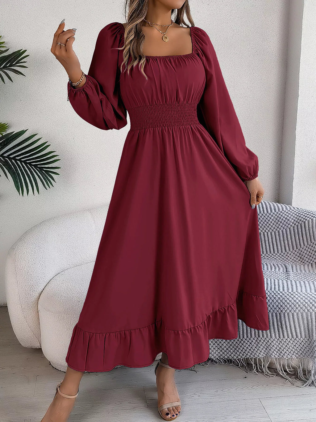 Square-Neck Smocked-Waist Long-Sleeve Midi Dress