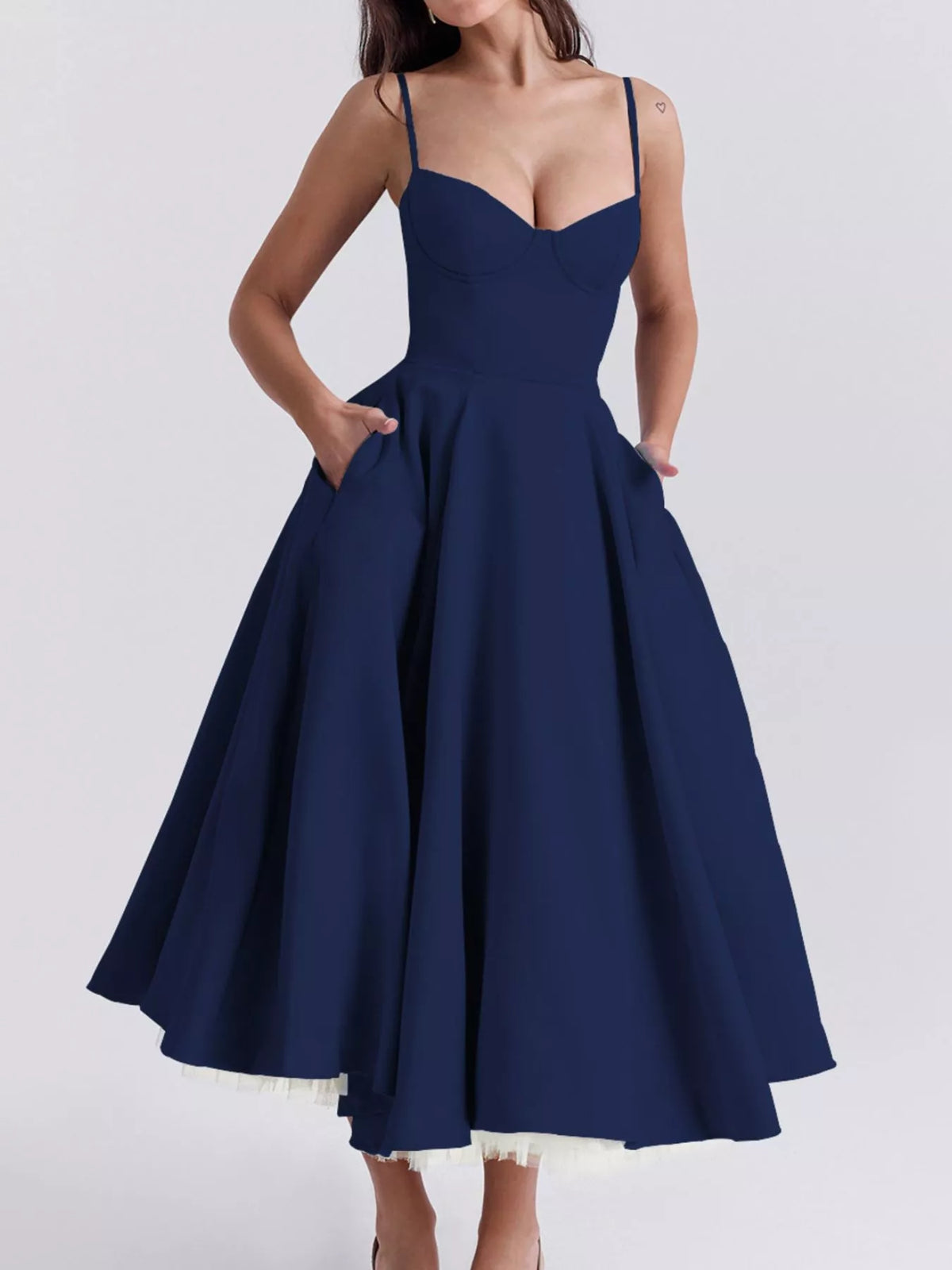 Sweetheart-Neck Pocketed A-Line Midi Dress