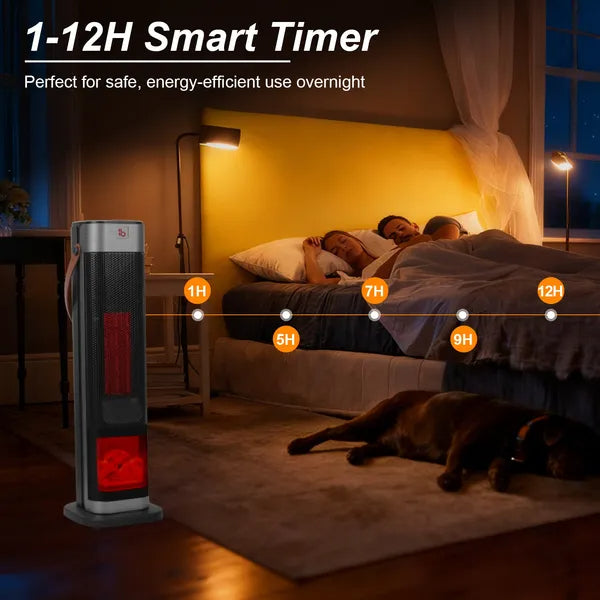 1500W Ceramic Tower Space Heater — 3D Flame Effect, 90° Oscillating, Remote Control & 12H Timer — Prime Trend Market