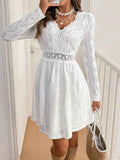 White V-Neck Long-Sleeve Lace-Detail Mini Dress