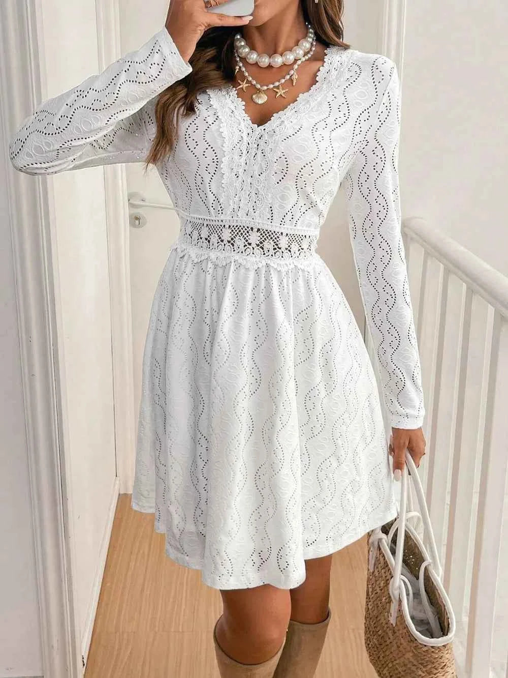 White V-Neck Long-Sleeve Lace-Detail Mini Dress