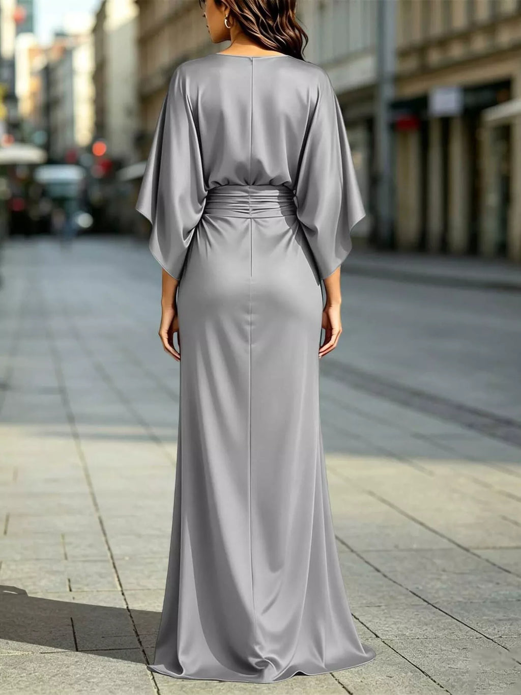 Ruched-Waist Draped-Sleeve Slit Maxi Dress with Pockets