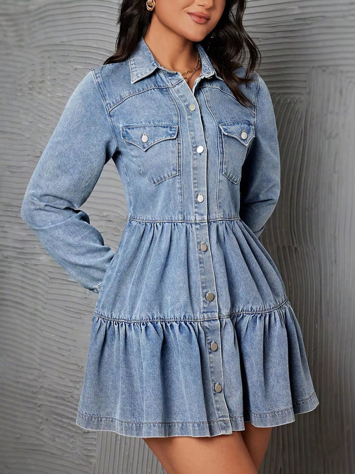 Blue Button-Front Tiered Denim Mini Dress