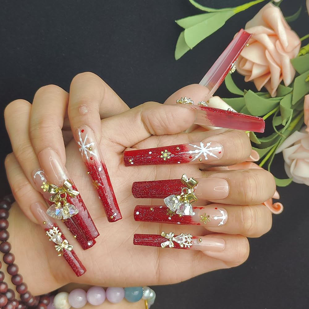 Red Snowflake Rhinestone Press-On Nails — Long PMMA Acrylic, Reusable, 2 Sizes — Prime Trend Market