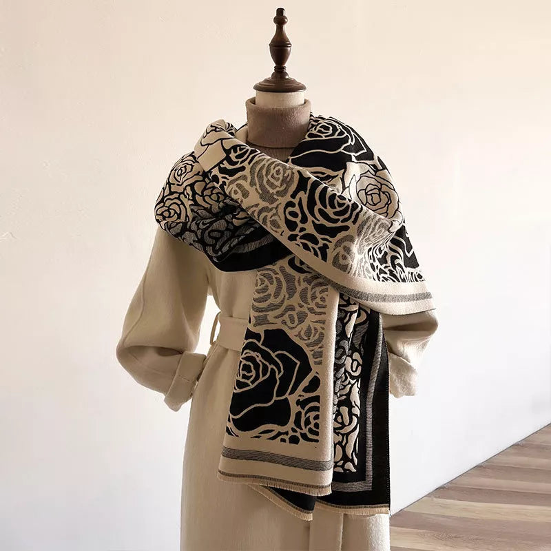 Rose-Pattern Polyester Raw-Hem Scarf