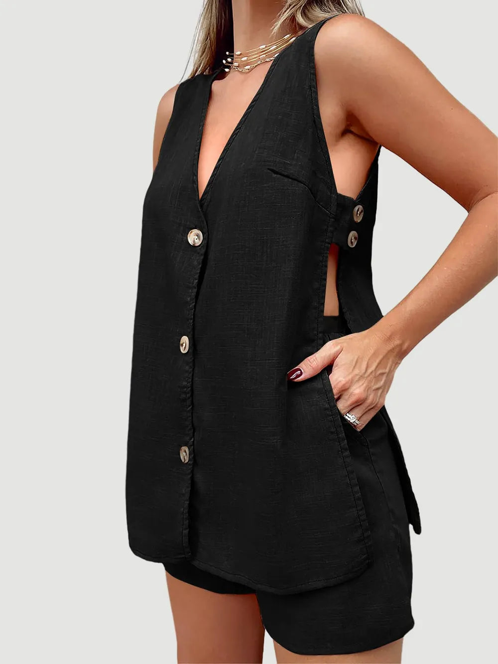 Cotton Button-Front Sleeveless Top & Shorts Set