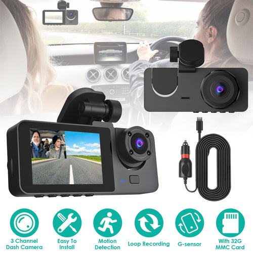 3-Channel Dash Cam Front Inside Rear | 32G MMC | G-Sensor | Parking Monitor | Loop Recording — Prime Trend Market