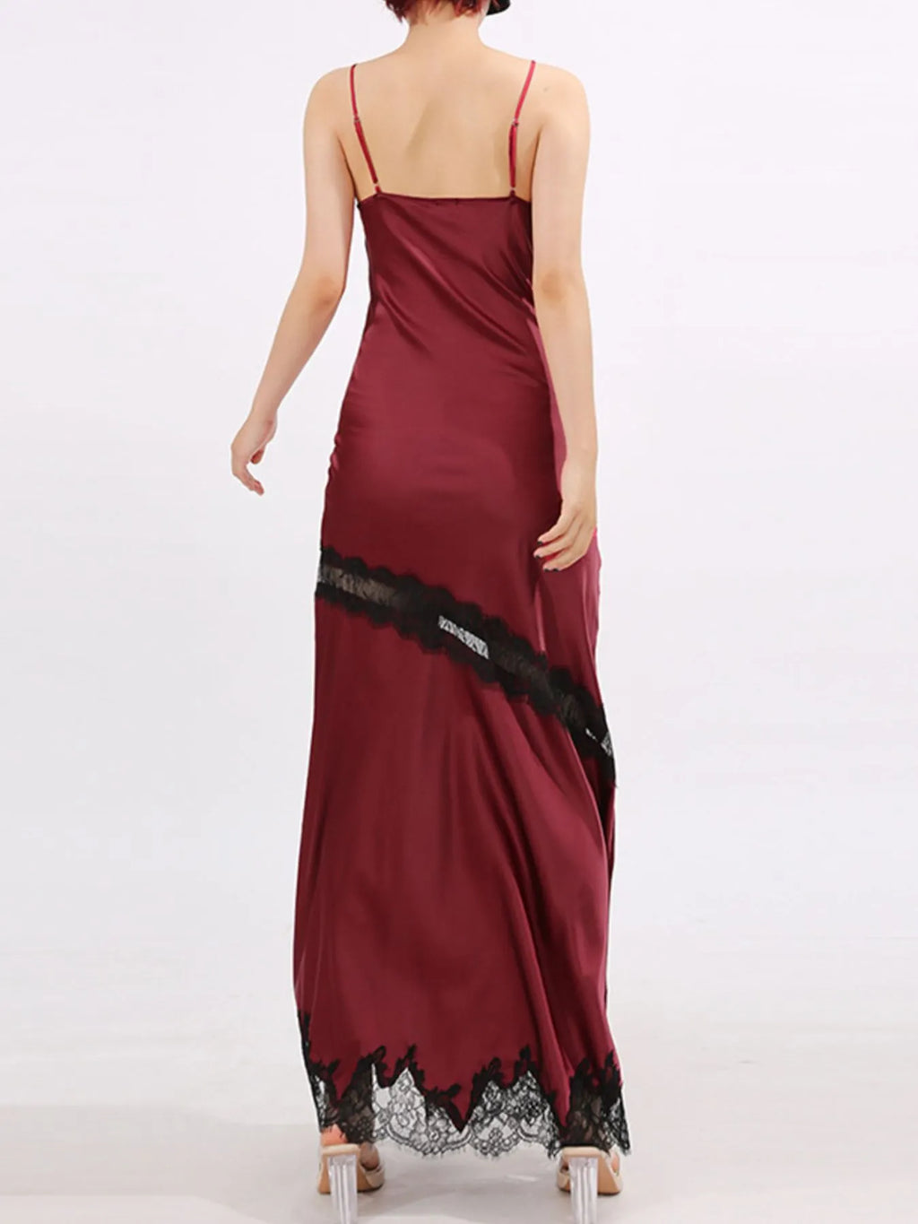Burgundy Lace-Detail Slit Maxi Cami Dress