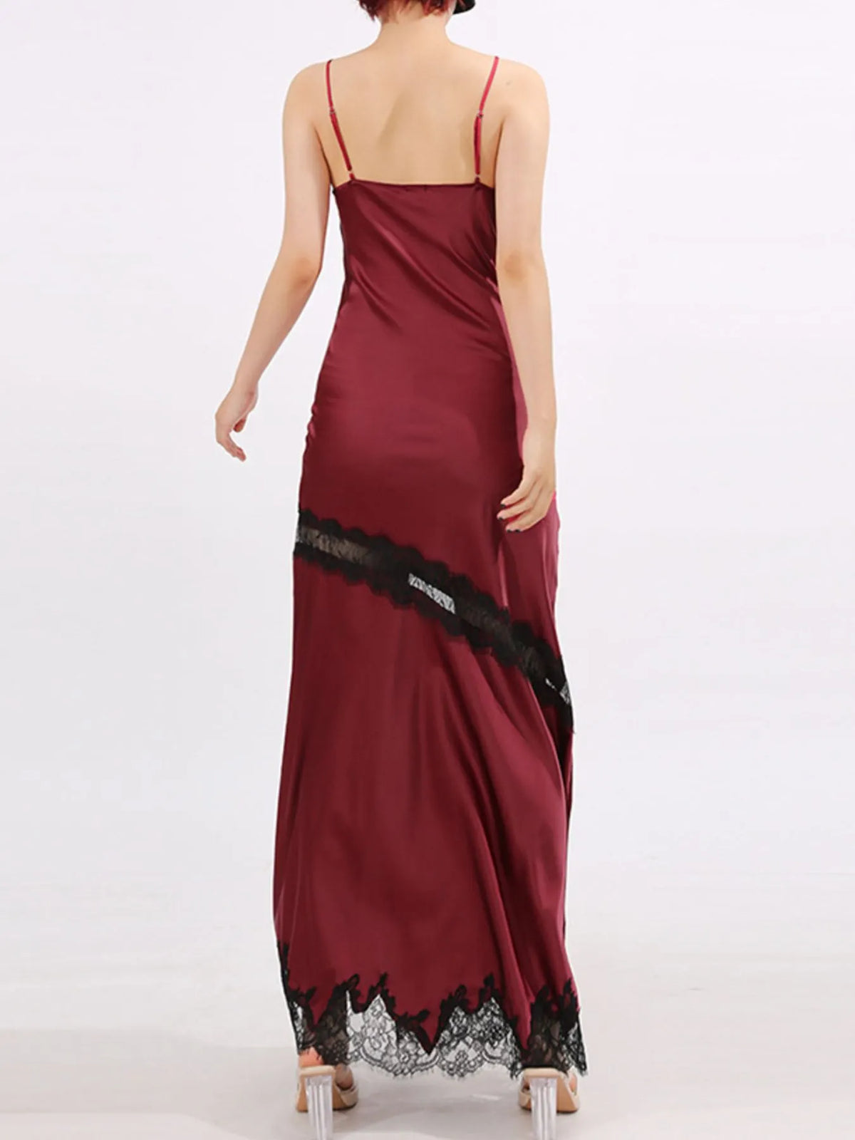 Burgundy Lace-Detail Slit Maxi Cami Dress