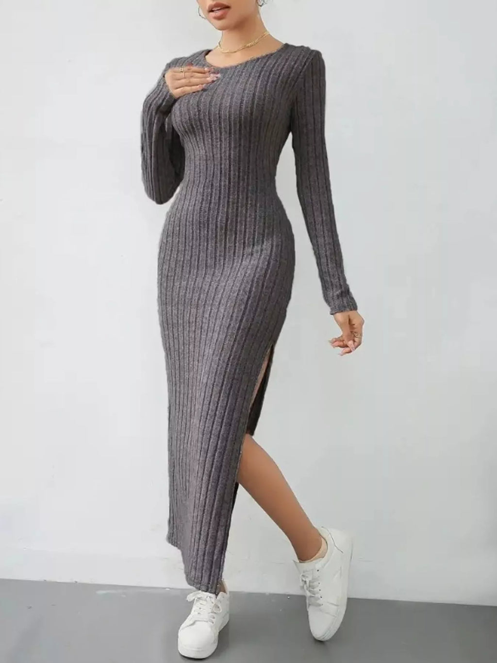 Long-Sleeve Side-Slit Ribbed Knit Midi Dress