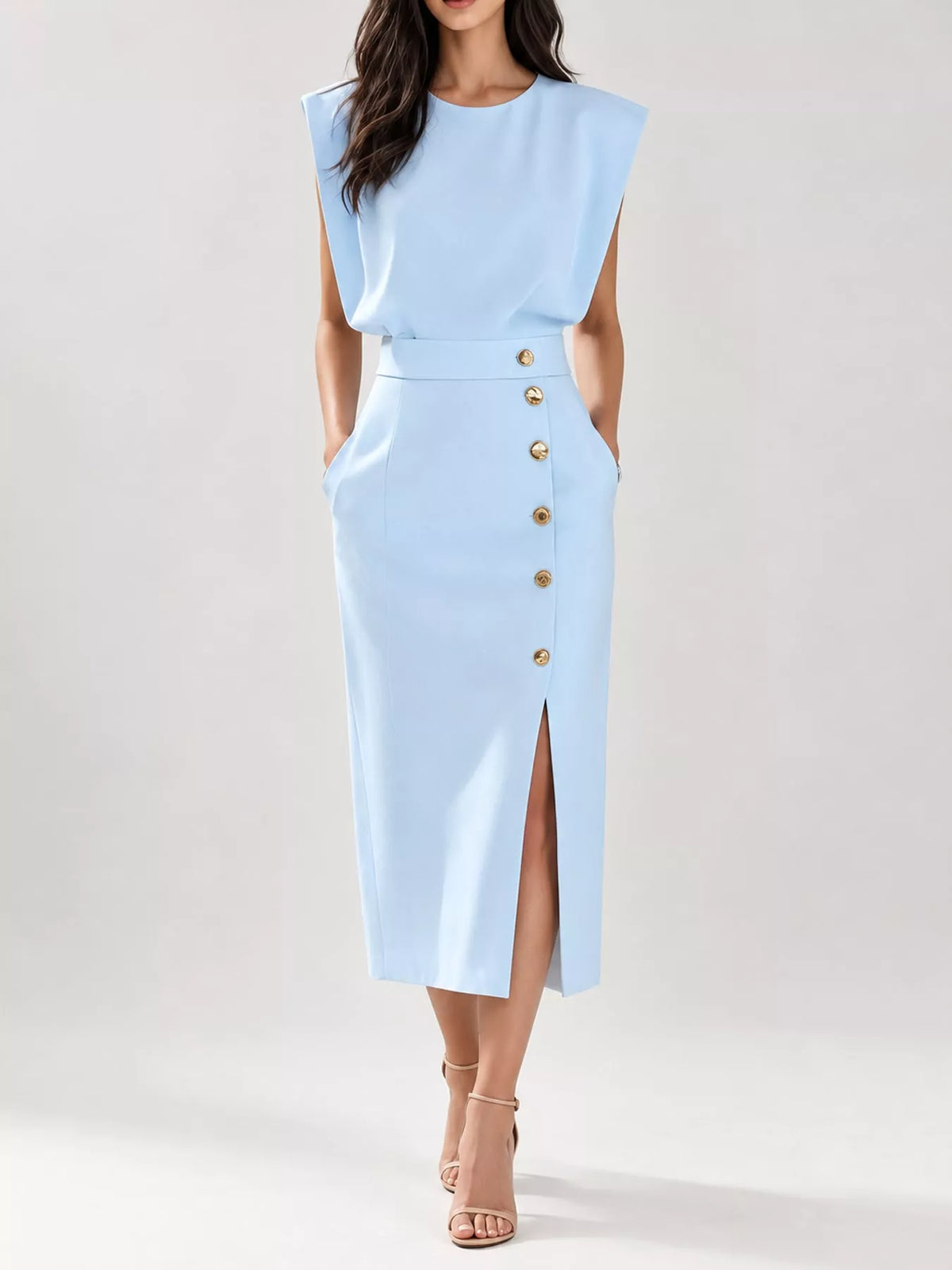 Sleeveless Gold-Tone Button-Detail Midi Dress